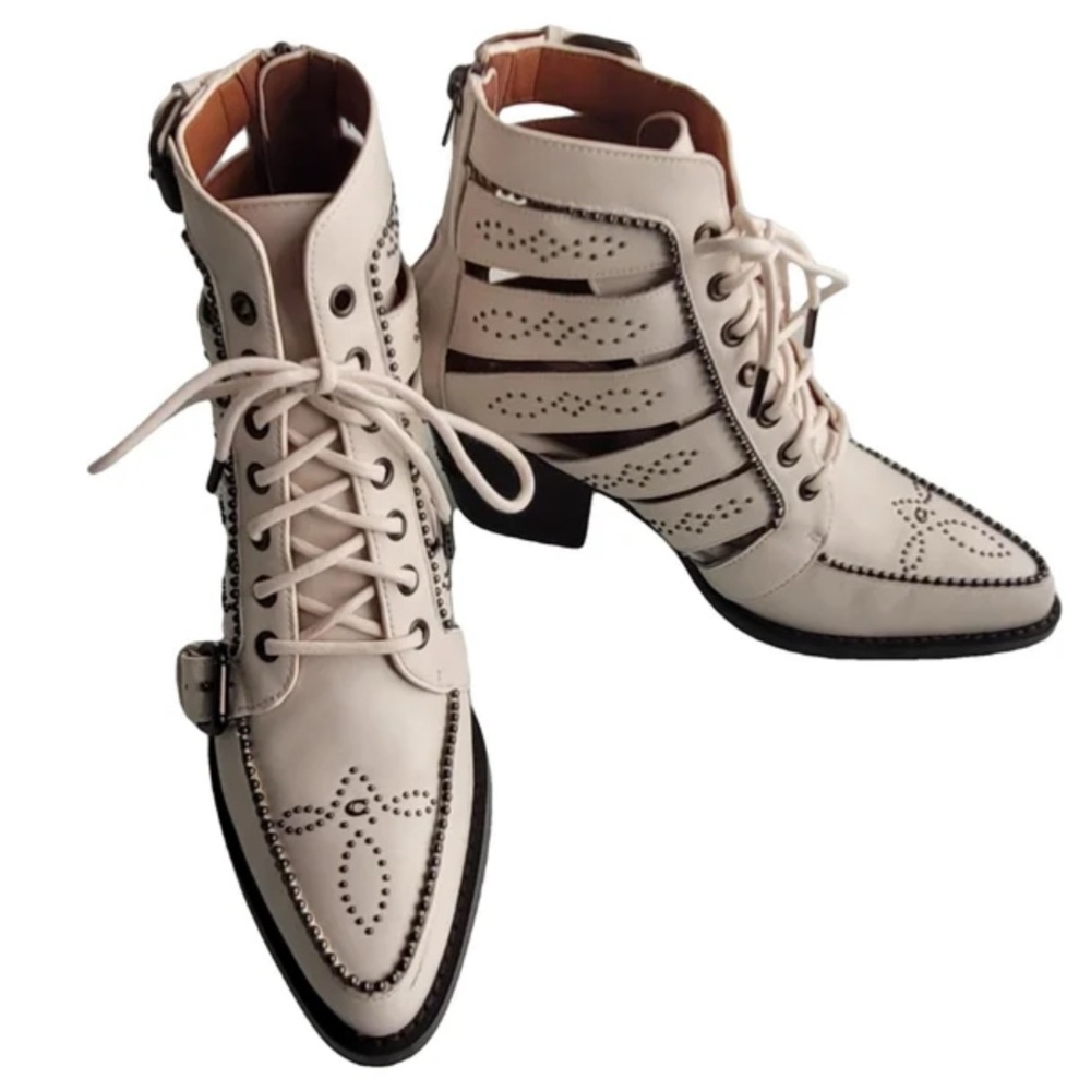 Coach Cream Perforated Lace-Up Ankle Booties with Stud Detail - Picture 1 of 6